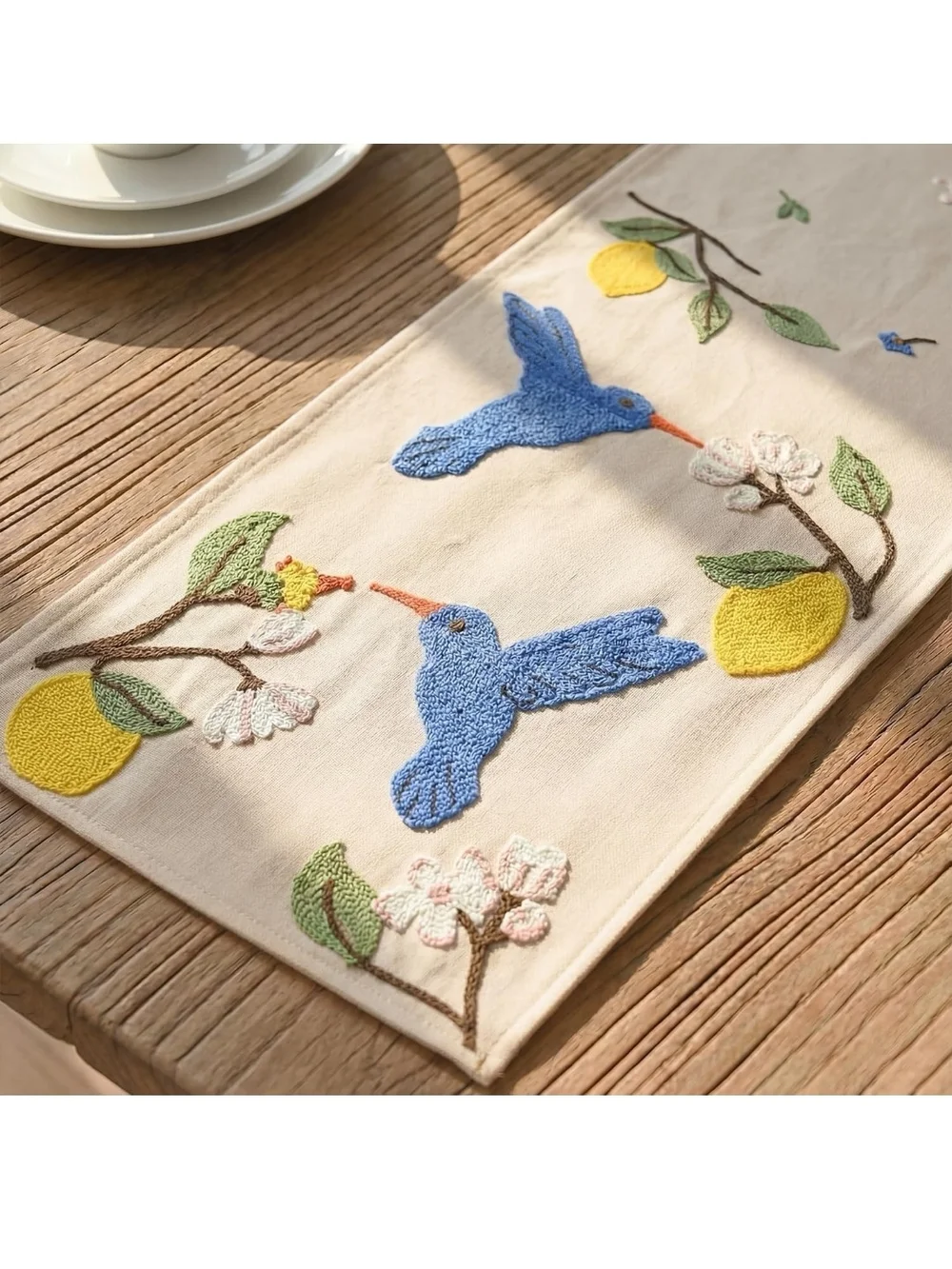 Embroidered Hummingbird Table Runner with Lemons - Blue on Cream